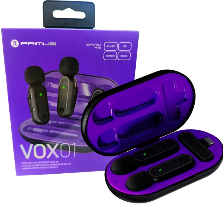 MICROFOFO INALAMBRICO PRIMUS VOX01 DUAL ESTUCHE RECARGABLE RECECTOR USB 3