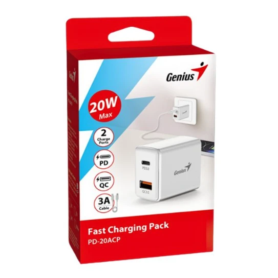 CARGADOR GENIUS PD-20ACP CON CABLE USB 3.0 + TIPO C CARGA RAPIDA 20W 3
