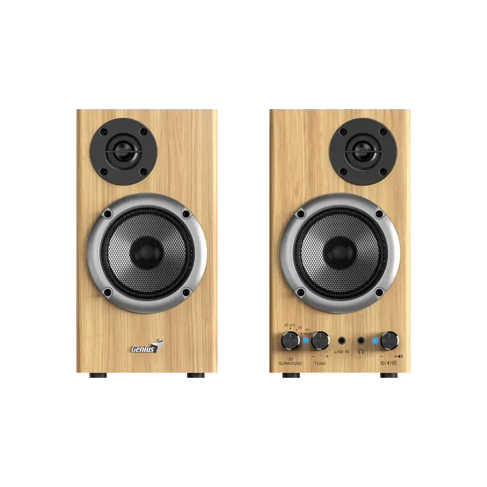 PARLANTE GENIUS/SP-HF520BT 2.0 COLOR MADERA  /BT 5.3 /RMS 20W /SONIDO ENVOLVENTE 3D /FUENTE 120-24 2
