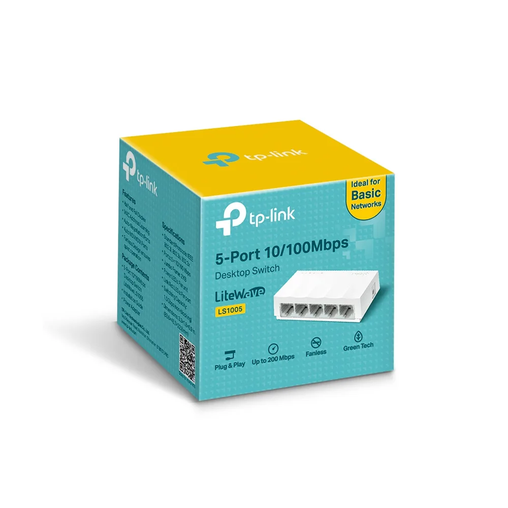 SWITCH TP-LINK LS1005 5 PUERTOS FAST ETERNET, CUBIERTA PLASTICA, DISEÑO ESCRITORIO, PLUG & PLAY
