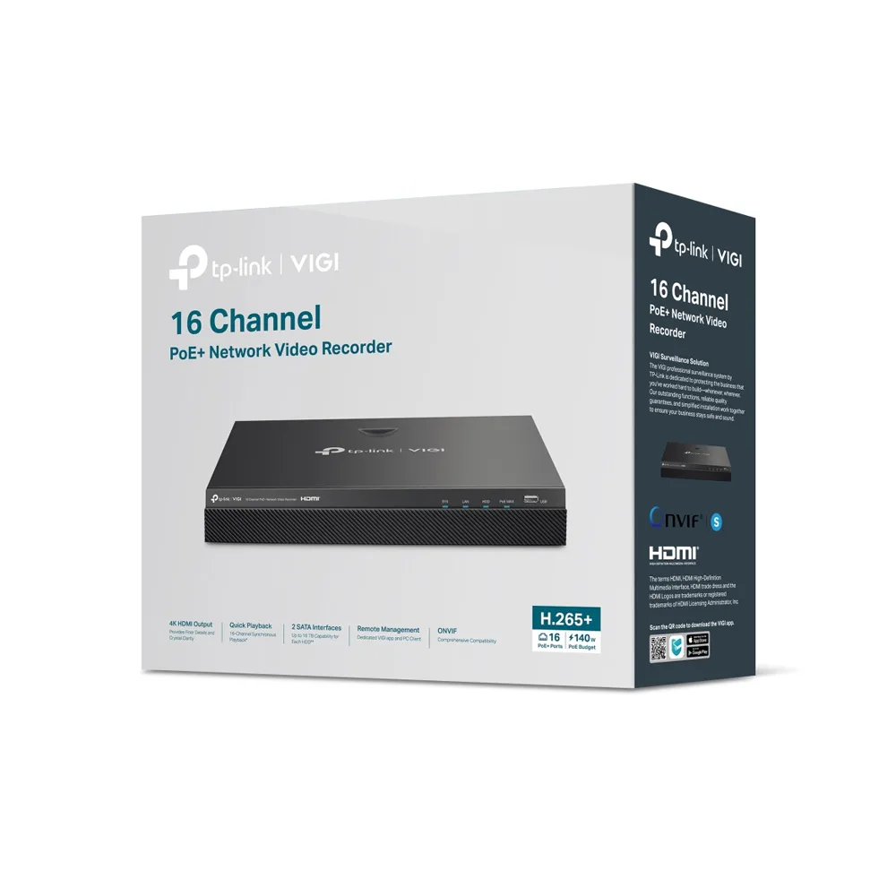GRABADORA/TPLINK VIGI NVR2016H-16MP/ 168 CANALES POE /H.265 PLUS/ONVIF/SOPORTA HASTA 20TB/140W POE